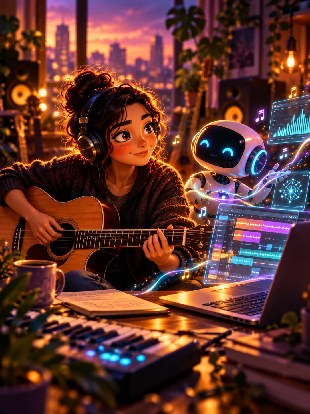 Stylized hybrid musician combining traditional instruments with modern music technology
